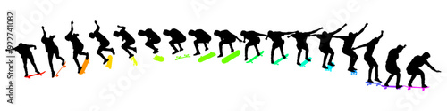 Dynamic silhouette sequence of skateboarder performing mid-air trick. Frame-by-frame image of skate trick. Multicolored vector illustration of silhouette. Fluid motion and athletic skateboarding skill