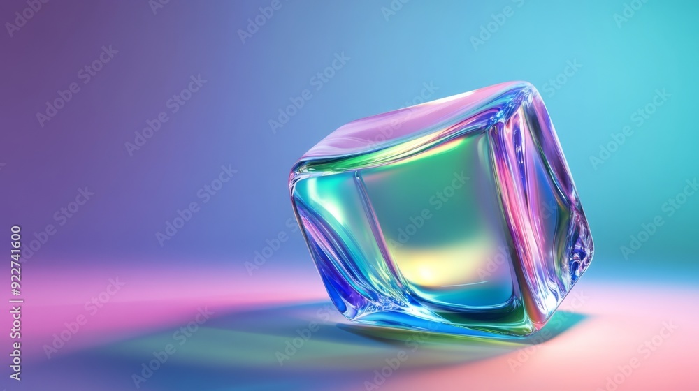 Polycarbonate iridescent holographic chrome glass cube. Trendy pearlescent pastel rainbow prism effect gradient background. Corrugated ribbed privacy glass refraction 3D rendering. Polycarbonate iridescent holographic chrome glass cube. Trendy pearlescent pastel rainbow prism effect gradient background. Corrugated ribbed privacy glass refraction 3D rendering.