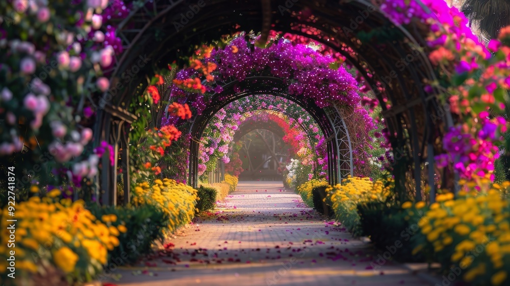 Fototapeta premium Romantic outdoor wedding with colorful floral archway creating captivating atmosphere