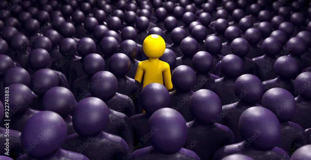 Obraz premium Searching for a unique yellow one in a sea of black characters with a recruitment theme. Concept Unique Yellow Character, Purple Characters, Recruitment Theme, chosen one Stand Out, Visual Contrast