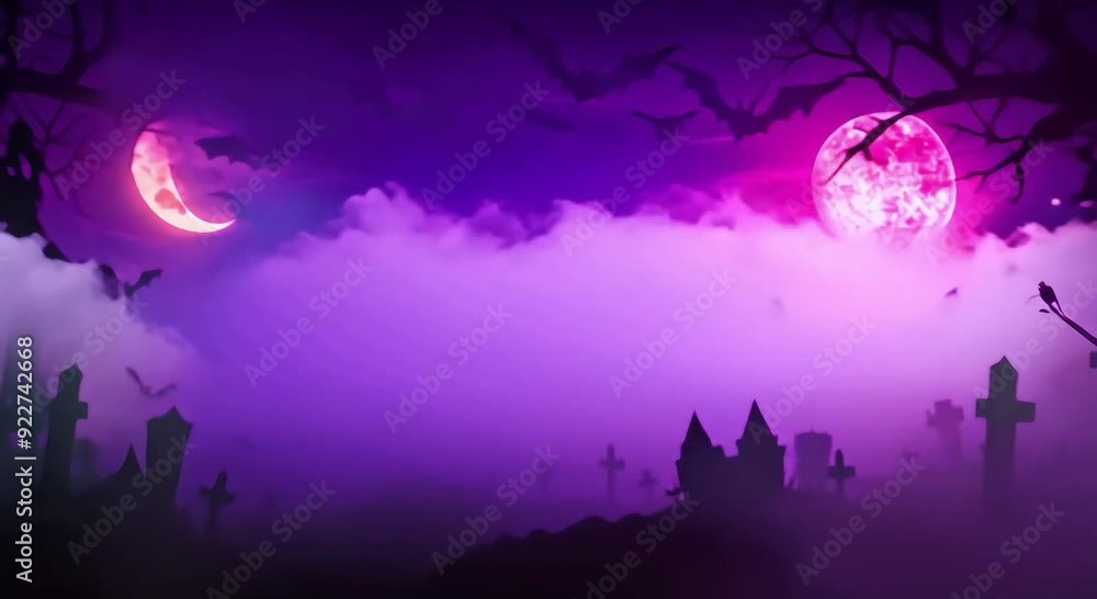 Halloween-themed scene with a hazy purple sky, a full moon, and a castle silhouette. The motion in the video includes bats flying overhead and a cemetery scene with tombstones. Halloween-themed scene with a hazy purple sky, a full moon, and a castle silhouette. The motion in the video includes bats flying overhead and a cemetery scene with tombstones.