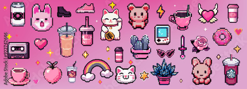 Pixel Art Y2k Geek Sticker Set. 8bit Retro Game Elements Like Fruits, Animals, Plants. Vector graphic for decoration, stickers, games.