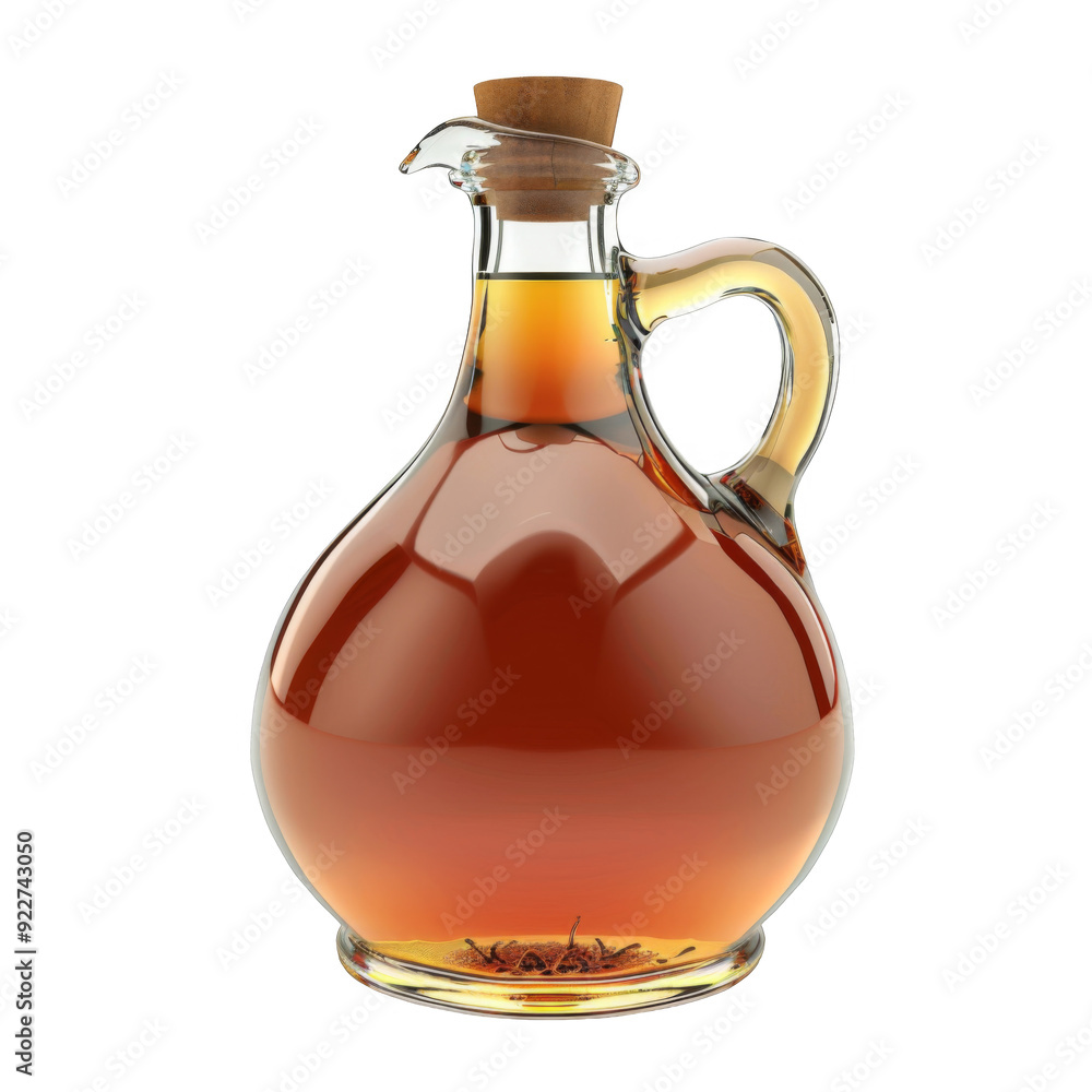 Glass decanter with a cork stopper filled with amber liquid Glass decanter with a cork stopper filled with amber liquid