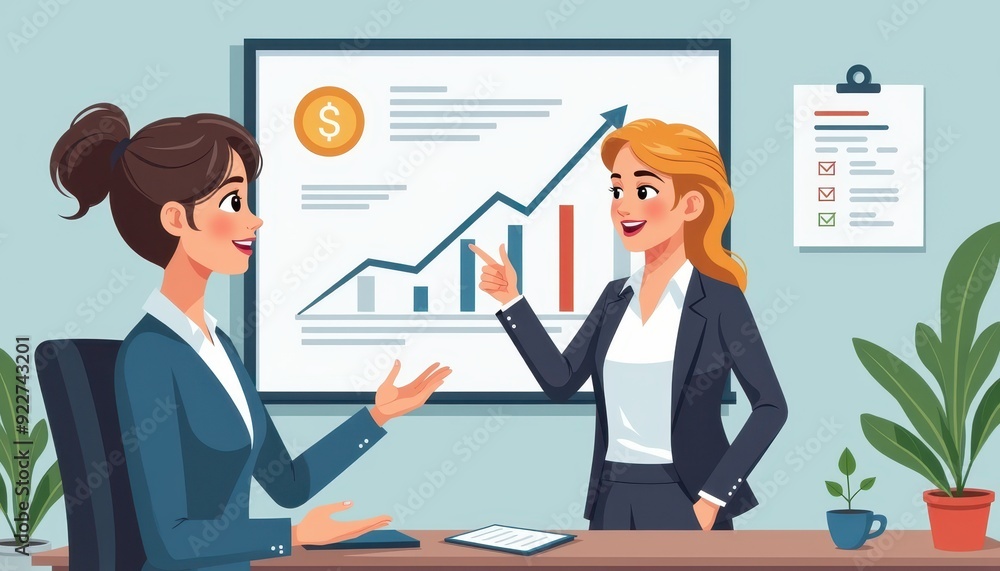 Two businesswomen discussing financial growth in an office setting with a graph on the wall. Two businesswomen discussing financial growth in an office setting with a graph on the wall.