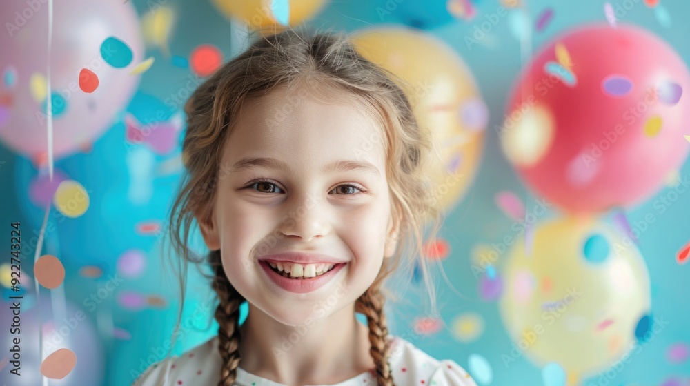 happy birthday day. Smiling child with surrounded by vibrant balloons and confetti. Bright, festive atmosphere. happy birthday day. Smiling child with surrounded by vibrant balloons and confetti. Bright, festive atmosphere.