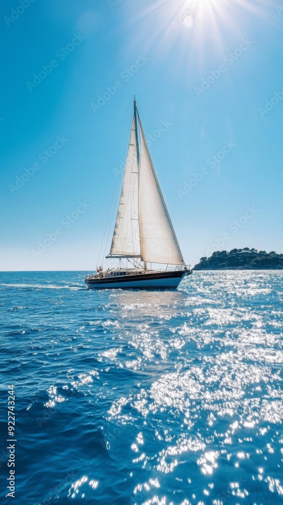 Fototapeta premium Sailing Serenity: A Majestic Sailing Yacht Glides Over Crystal Clear Waters with an Island and Azure Skies in the Background.