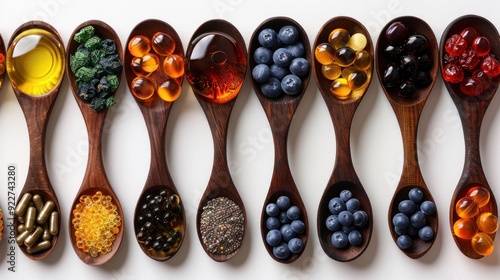 Wooden Spoons with Various Supplements and Foods