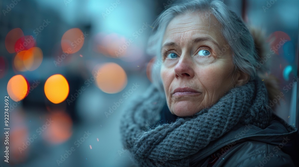 A woman looks out at the city lights. AI. A woman looks out at the city lights. AI.