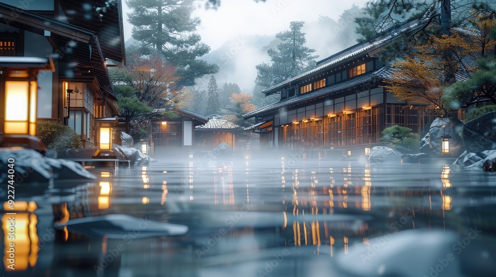 Fototapeta premium Japanese mountain Onsen. Generative AI.