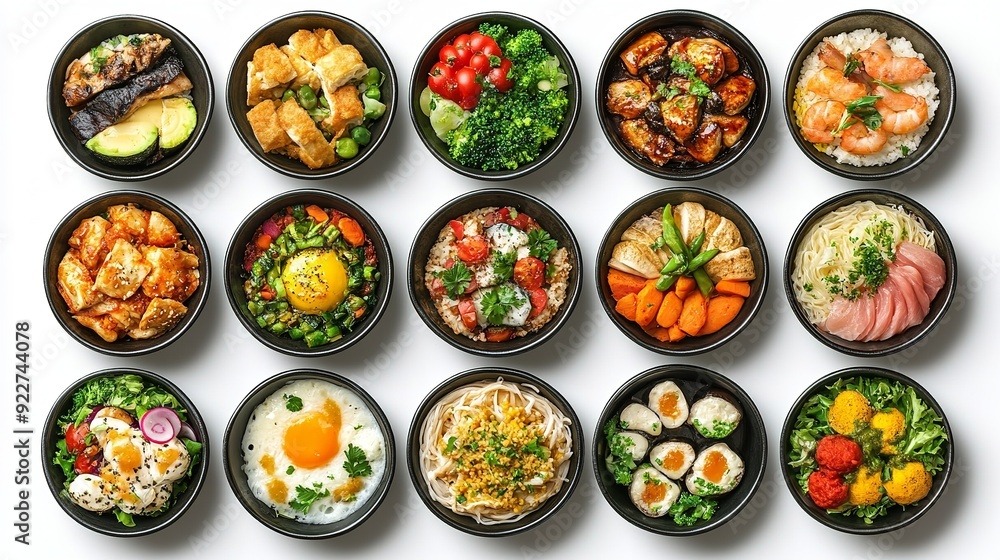 A variety of Asian food is displayed on a white table. The food includes meat, vegetables, and rice. The presentation is colorful and appetizing A variety of Asian food is displayed on a white table. The food includes meat, vegetables, and rice. The presentation is colorful and appetizing