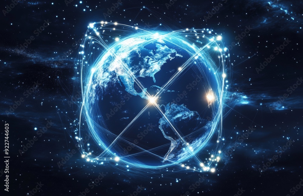 Digital illustration of Earth with glowing network lines in the outer space Digital illustration of Earth with glowing network lines in the outer space