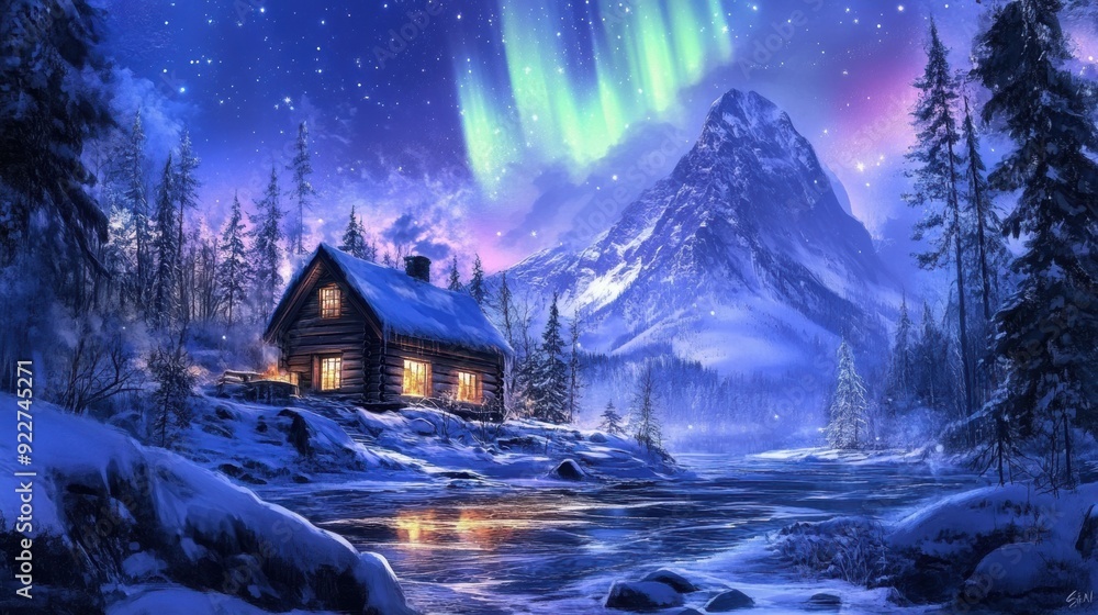 A painting of a cabin in the snow under an aurora borealis, AI A painting of a cabin in the snow under an aurora borealis, AI