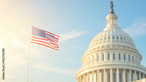 Against a backdrop of the iconic U.S. Capitol Building and clear skies, the American flag flies high, representing democracy and the essence of American governance, photo