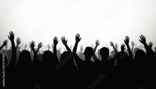 Silhouetted crowd raising hands during a lively concert with a white background.