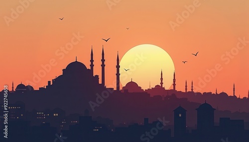 Silhouette of a city skyline with minarets at sunset, creating a serene and picturesque scene.