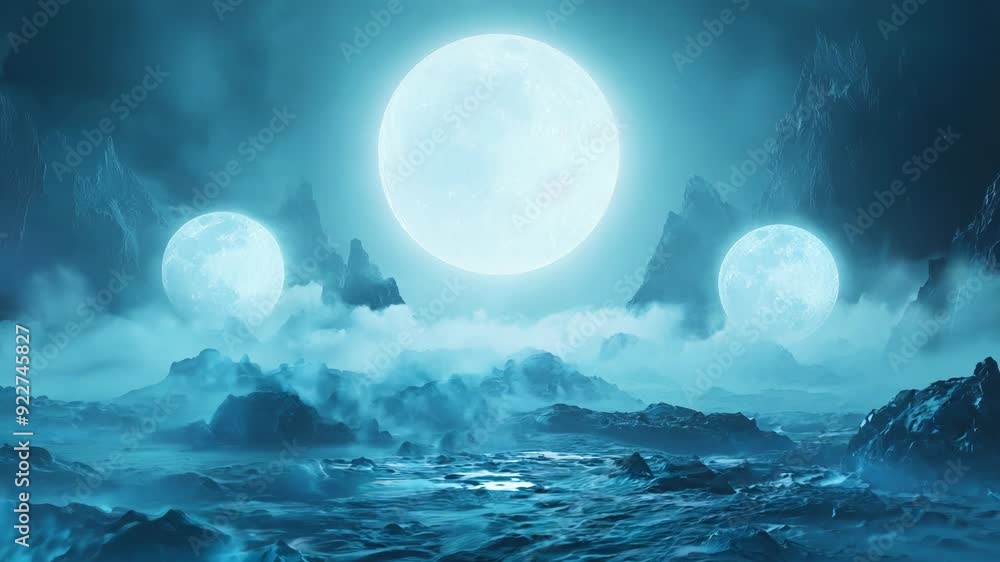 Enchanted Triple Moon Landscape with Misty Mountains and Ethereal Blue Glow Enchanted Triple Moon Landscape with Misty Mountains and Ethereal Blue Glow