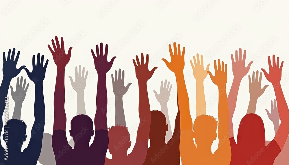 Silhouettes of diverse people raising their hands in unison, symbolizing unity and activism.