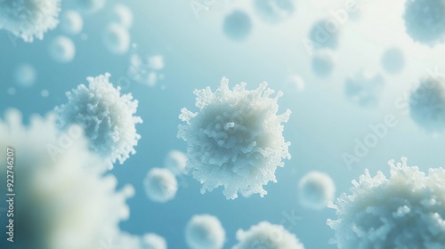Close-Up View of White T Cells and B Cells Floating in the Body Against a Light Blue Background