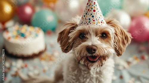 A dog wearing a colorful party hat sits amid a scene festooned with balloons and a decorated cake, ready to celebrate a joyous occasion in a lively setting. photo