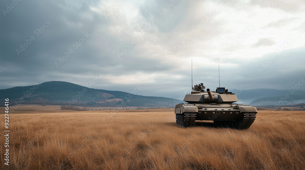 A formidable tank stands ready on the open field, its powerful presence emphasized by the vast landscape surrounding it, symbolizing strength and preparedness, photo