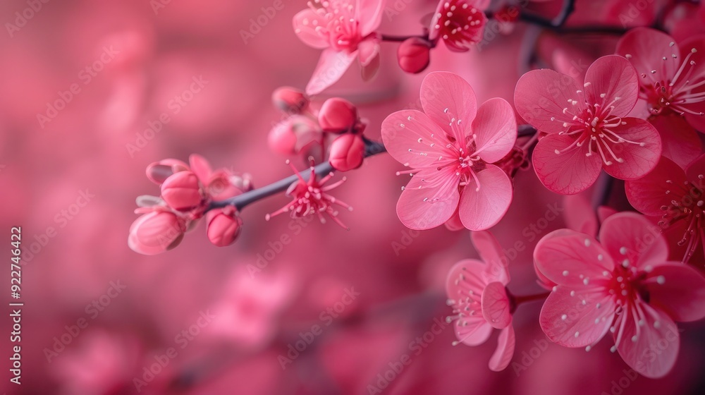 A magenta inflorescence blooming on the branch of a Ribes sanguineum bush. Minimalist design with copy space, highlighting the vibrant beauty of the spring blossom A magenta inflorescence blooming on the branch of a Ribes sanguineum bush. Minimalist design with copy space, highlighting the vibrant beauty of the spring blossom