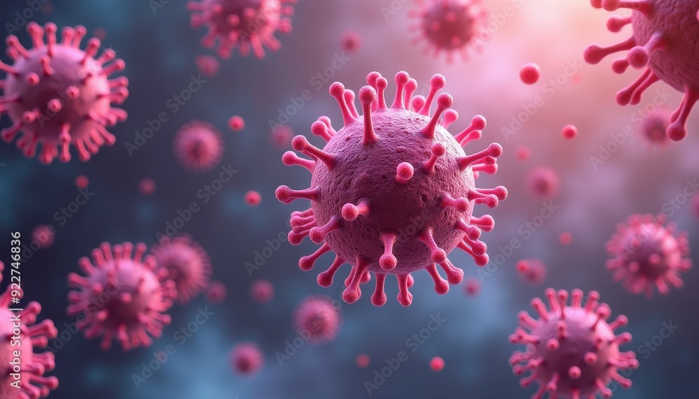 Close-up visualization of pink, spiky virus particles under a microscope with a dark, blurred background. Close-up visualization of pink, spiky virus particles under a microscope with a dark, blurred background.