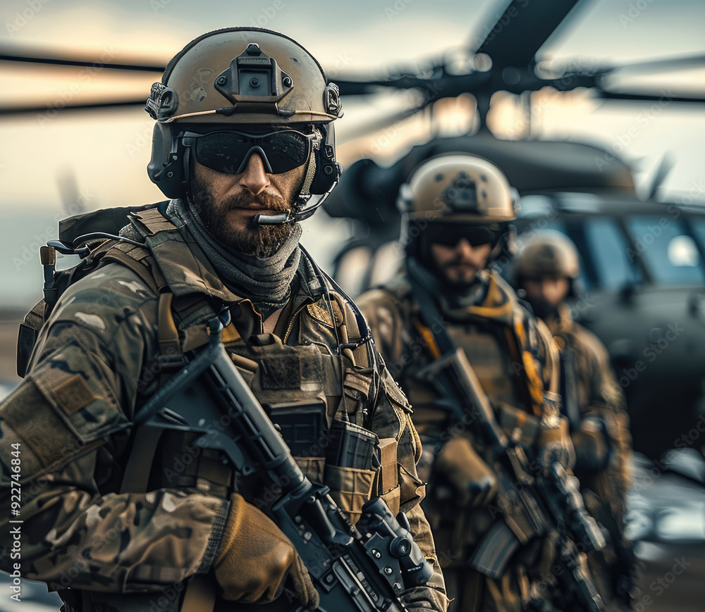 Special Forces fighters standing by helicopter at military base. Generative AI. Special Forces fighters standing by helicopter at military base. Generative AI.