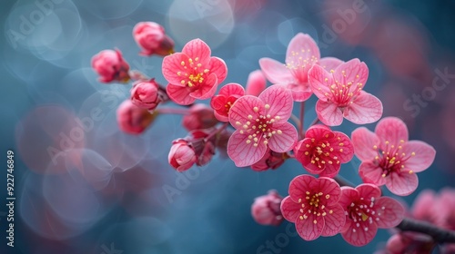 A magenta inflorescence blooming on the branch of a Ribes sanguineum bush. Minimalist design with copy space, highlighting the vibrant beauty of the spring blossom