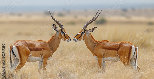 An encounter between two male Topi antelopes takes place in the grasslands of a national reserve. Generative AI.