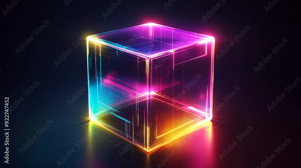 Obraz premium A futuristic glass cube reflecting different neon colors, floating in a dark background, creating a vibrant and modern visual effect.