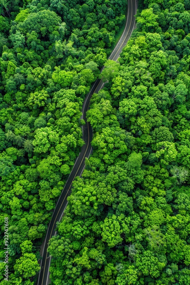 Aerial view of a winding road through dense forest, ideal for travel or nature scenes Aerial view of a winding road through dense forest, ideal for travel or nature scenes