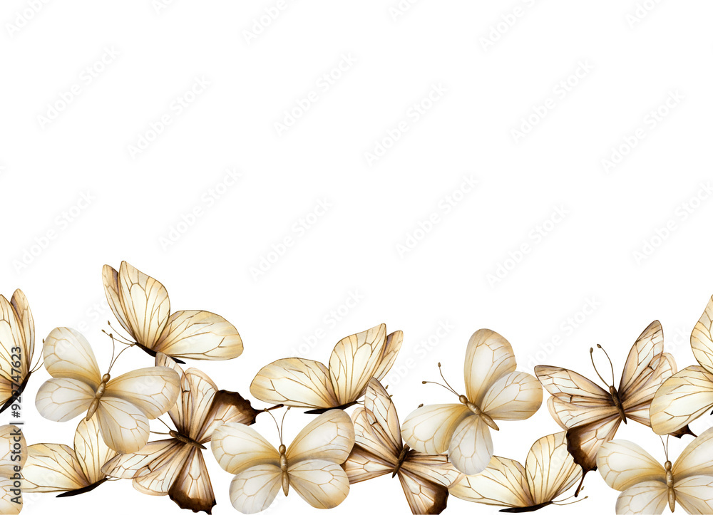 Seamless frame, template, border, banner with boho butterflies. Watercolor hand drawn beige insect clipart isolated on background. Botanical and wedding illustration. For designers, invitations, decor Seamless frame, template, border, banner with boho butterflies. Watercolor hand drawn beige insect clipart isolated on background. Botanical and wedding illustration. For designers, invitations, decor