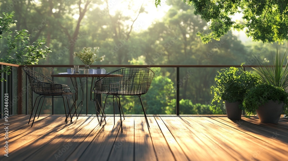 chairs and table in a wooden terrace chairs and table in a wooden terrace