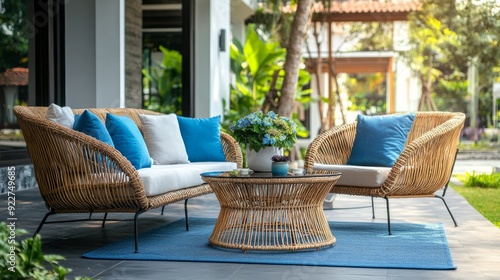 Rattan chairs, a table, and a blue pillow are examples of outdoor furniture by the patio. Lovely and comfortable outdoor living area for the house