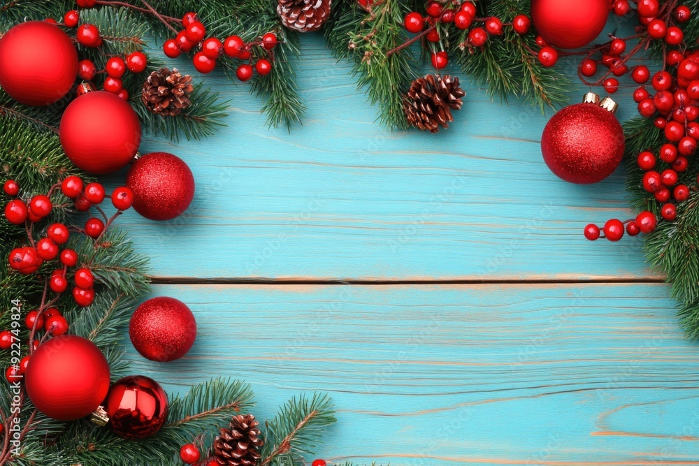 Festive Christmas Decorations with Red Ornaments and Pinecones on Blue Wooden Background Festive Christmas Decorations with Red Ornaments and Pinecones on Blue Wooden Background