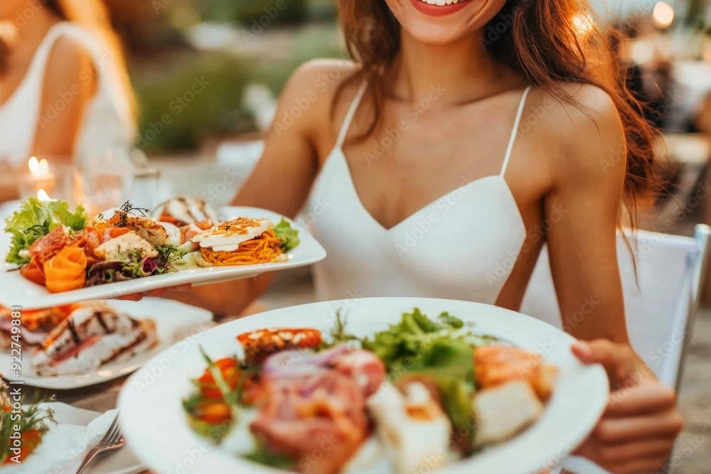 Smiling Woman in White Dress Enjoying Outdoor Dinner with Fresh Salad and Gourmet Dishes Smiling Woman in White Dress Enjoying Outdoor Dinner with Fresh Salad and Gourmet Dishes