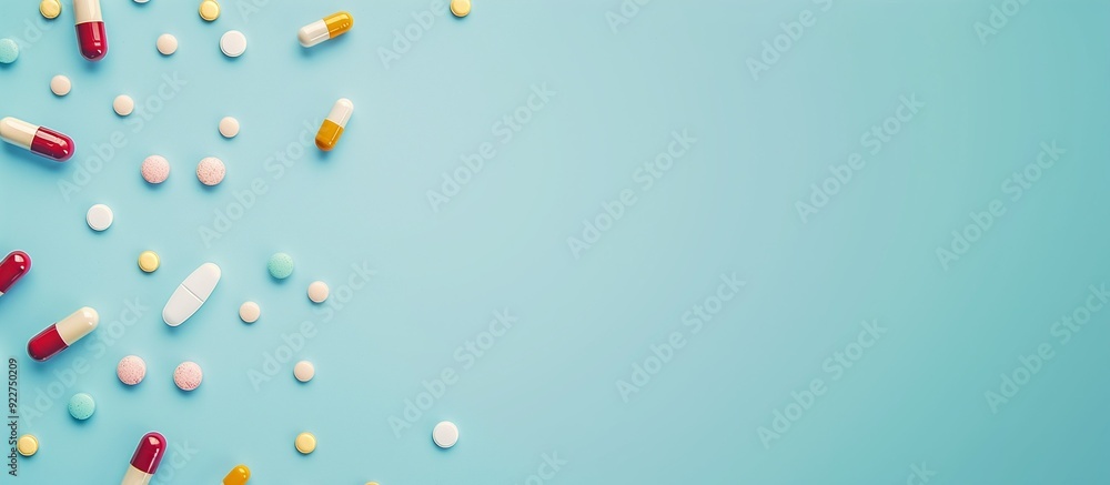 Banner with scattered pills and capsules on a light blue background with copy space. Banner with scattered pills and capsules on a light blue background with copy space.