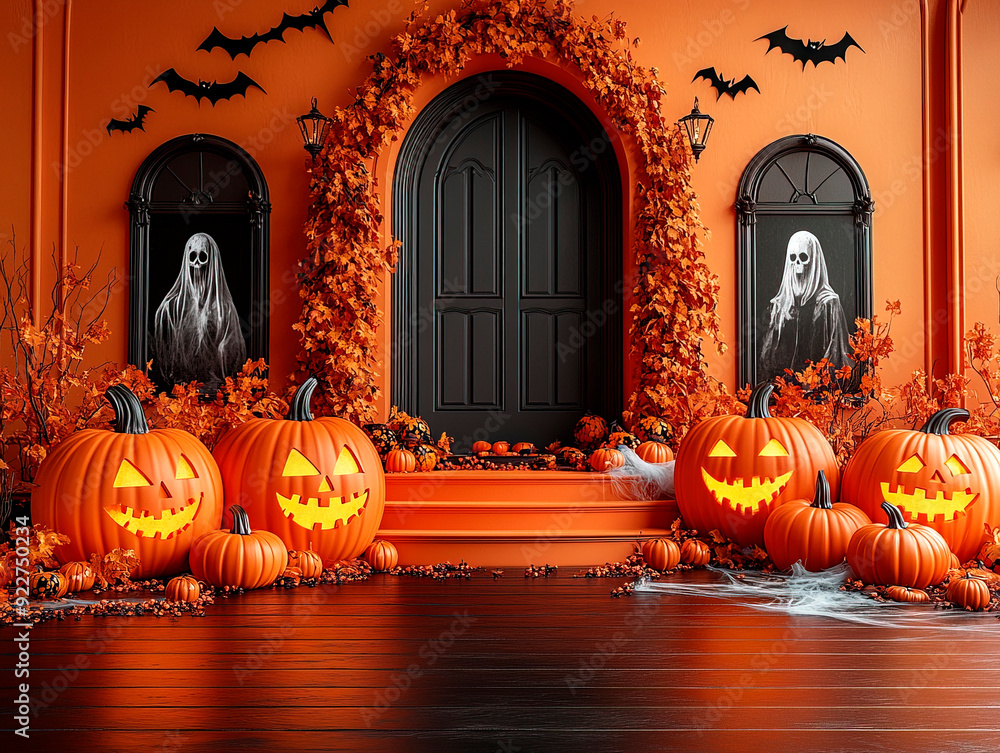 Obraz premium Central empty 3D podium, with Jack-o'-lanterns and haunted mansion decor. Bats and cobwebs fill the scene, with candy scattered near ghostly portraits and eerie lighting, all in a black and orange col