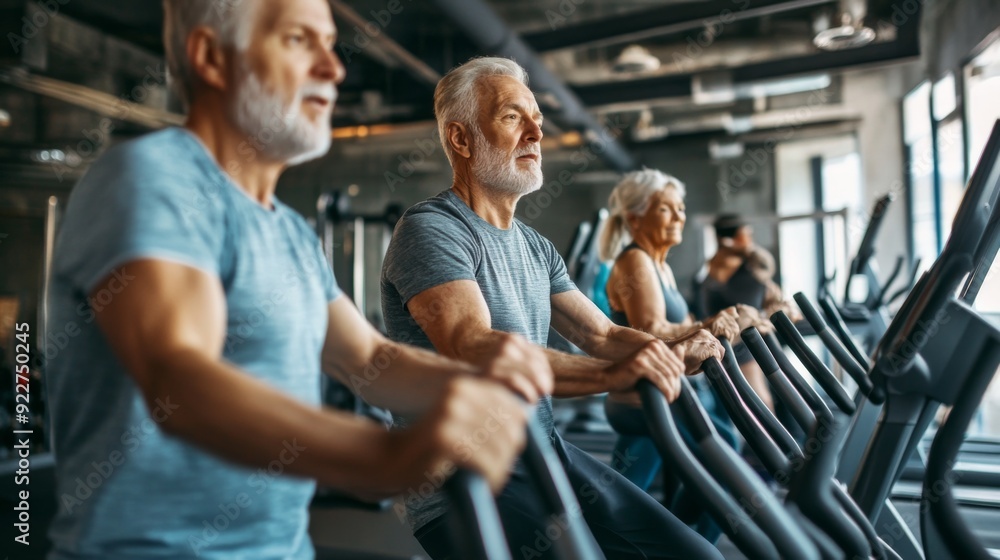 Seniors Exercising on Ellipticals at the Gym Seniors Exercising on Ellipticals at the Gym
