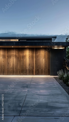 Modern kogara home  cinematic evening shot with wooden garage door and concrete driveway photo