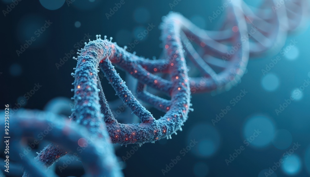 Close-up of a DNA double helix structure, highlighting the intricate details and glowing particles. Close-up of a DNA double helix structure, highlighting the intricate details and glowing particles.