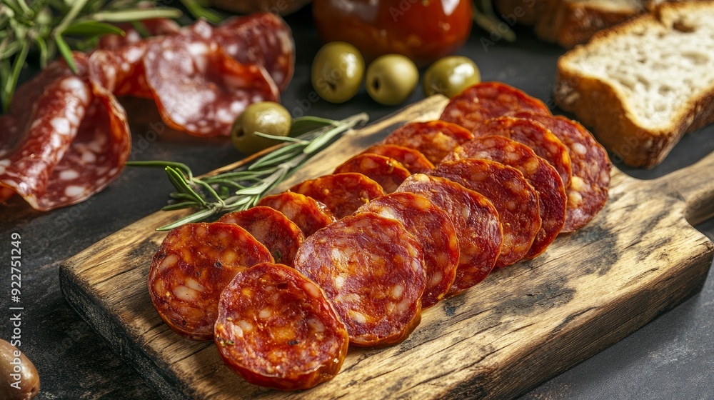 Spanish chorizo sausage sliced and served with bread, tomatoes, olives, and jamon serrano Spanish chorizo sausage sliced and served with bread, tomatoes, olives, and jamon serrano