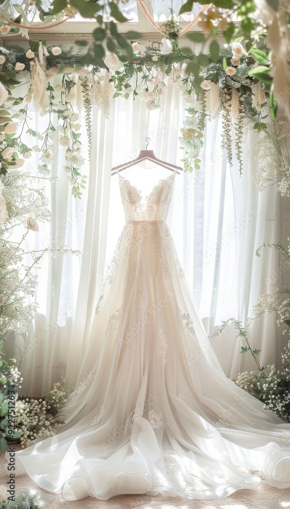 Romantic wedding backdrop with white flowers, gauze curtain, dress, and warm lighting