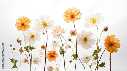 Set of blooming wild flowers placed on a white background.