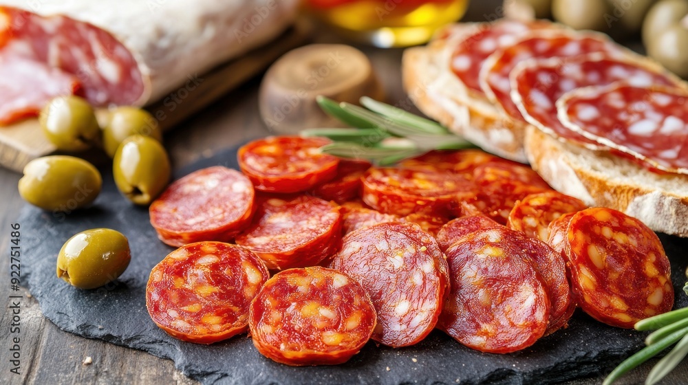 Spanish chorizo sausage sliced and served with bread, tomatoes, olives, and jamon serrano Spanish chorizo sausage sliced and served with bread, tomatoes, olives, and jamon serrano