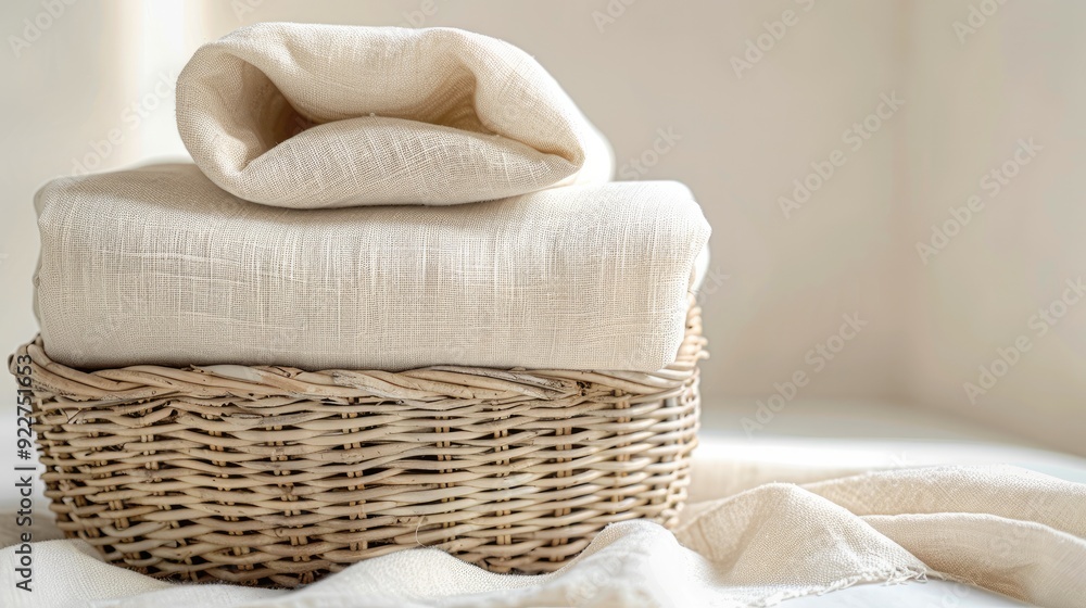 An linen basket, filled with cool, crisp linen sheets, highlighting the natural fibers and intricate weaving of flax. Generative AI. An linen basket, filled with cool, crisp linen sheets, highlighting the natural fibers and intricate weaving of flax. Generative AI.