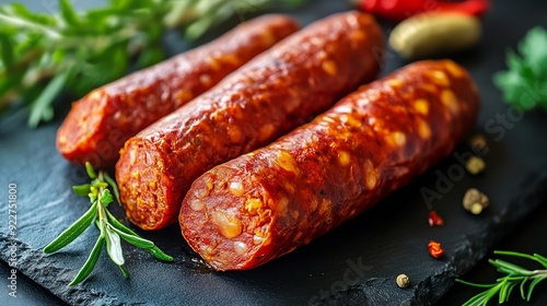 Traditional Spanish chorizo sausage flavored with chili peppers, garlic, fresh herbs, and pepper photo