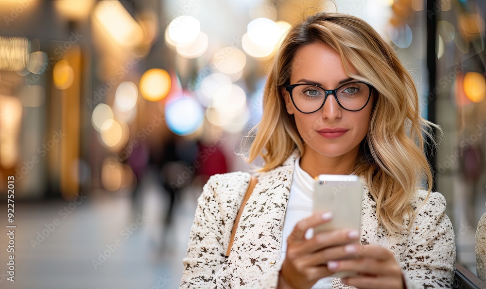 Businesswoman Using Smartphone in a Modern and Vibrant Setting