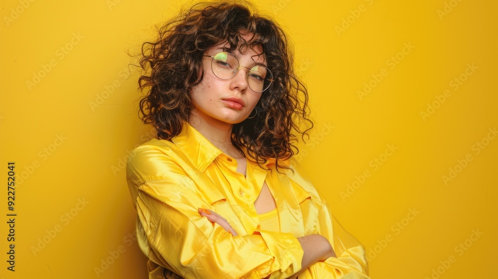 A person wearing yellow shirt and glasses A person wearing yellow shirt and glasses