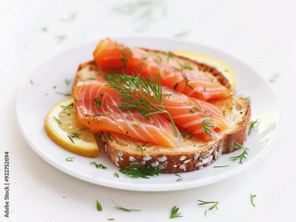 A plate of smoked salmon on toast garnished with dill and spices A plate of smoked salmon on toast garnished with dill and spices
